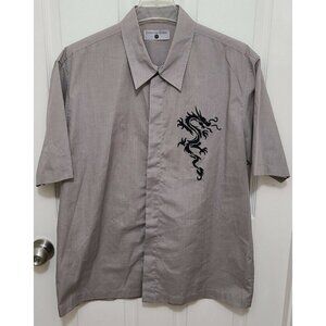 Jonathan Adams Mens Short Sleeve Button Up Shirt Gray Chinese Dragon Graphic L